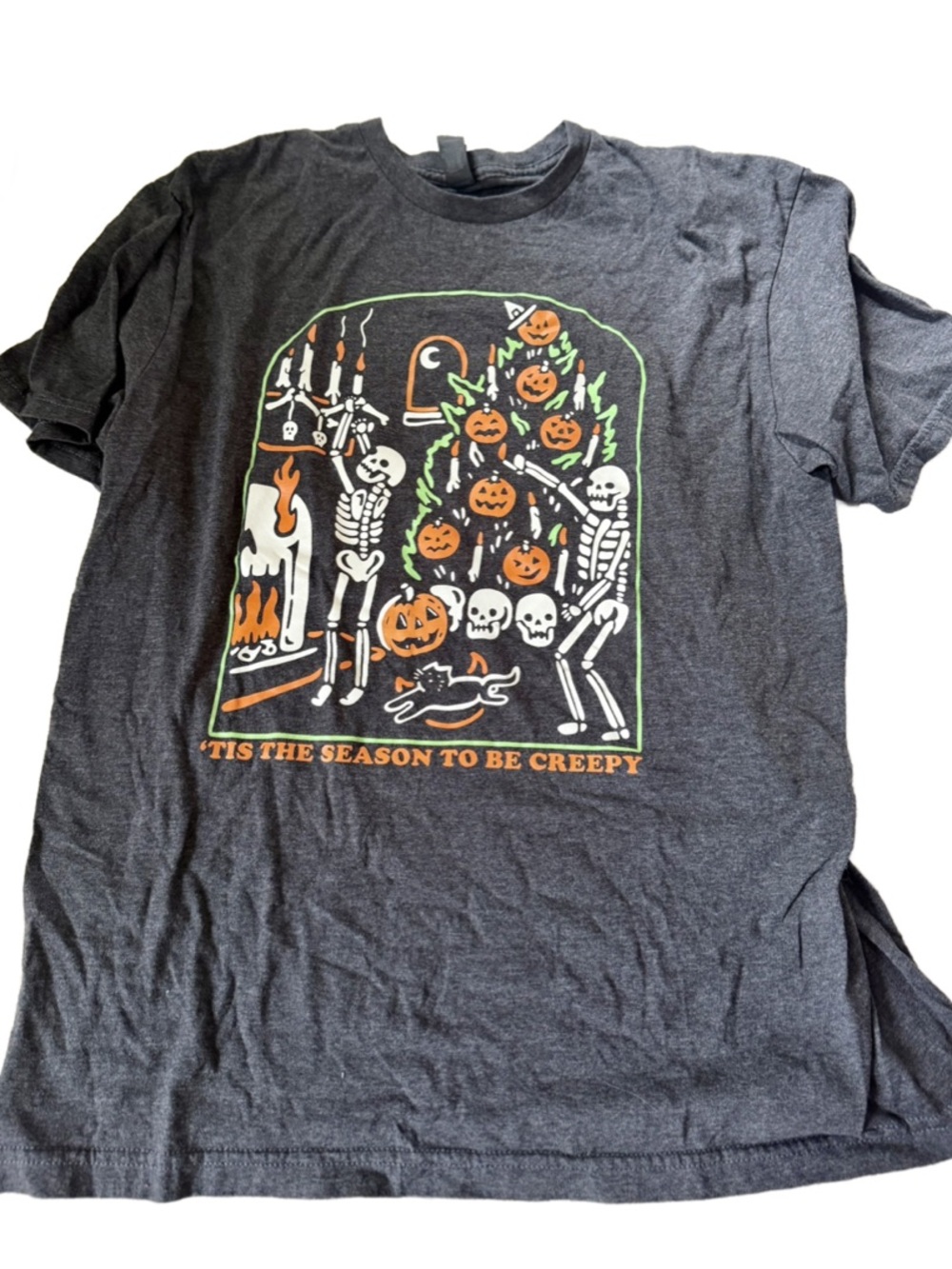 Gildan charcoal tee with orange and lime green Halloween print